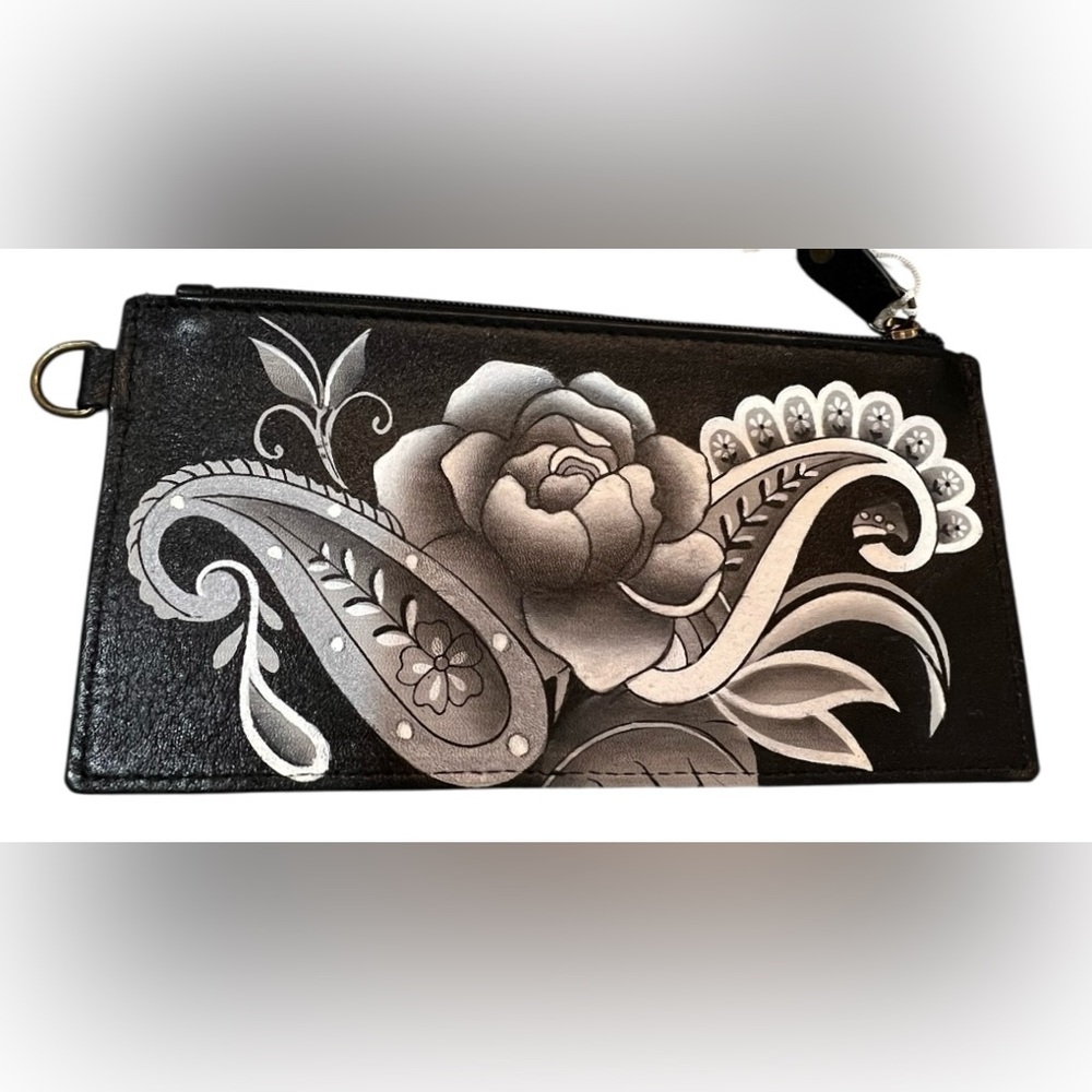 Anuschka NWT gorgeous leather peonies & paisleys zip card case w/ID window